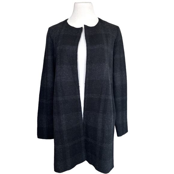 Eileen Fisher Plaid Merino Wool Open Front Long Jacket Cardigan Grey Black Small - Picture 1 of 11